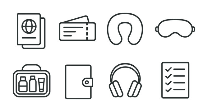 Travel essentials outline icons set – linear, vector, journey, tourism symbols