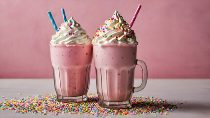 Two Pink Milkshakes Topped with Whipped Cream