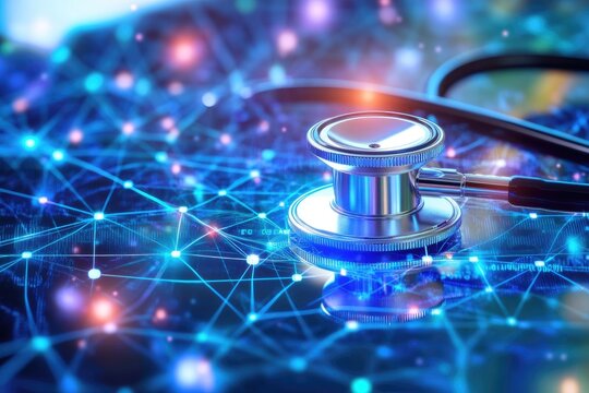 Global healthcare network. Stethoscope over a digital map network - Powered by Adobe