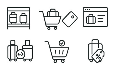 E-commerce and shopping outline icons set – cart, luggage, online retail symbols