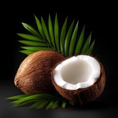 Realistic coconut cut in half with tropical leaves on black background – ideal for organic food branding, skincare packaging visuals or exotic summer-themed product content