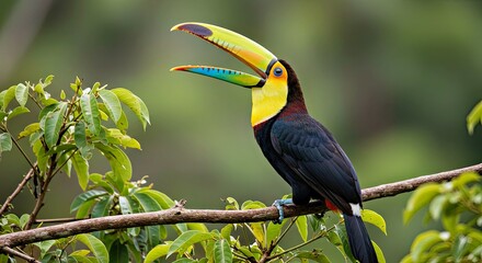 Iconic Toco Toucan Bird Calling From High Tree Branch In Tropical Rainforest