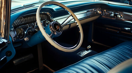 Interior view of a classic car showing steering wheel dashboard and seats.