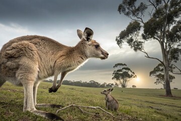 Fototapeta premium A baby kangaroo (joey) with big ears looking out of its mother's pouch against the backdrop of the Australian landscape.