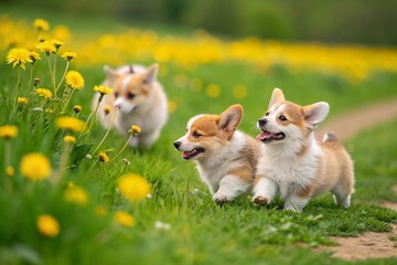 Corgi puppies with short legs and a cute smile playing together on a green meadow with yellow dandelions.