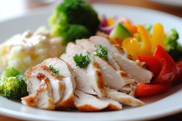 Grilled chicken breast served with broccoli and bell peppers – great for fitness food branding, healthy meal visuals or diet-friendly recipe content for lifestyle campaigns