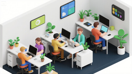 Fototapeta premium Modern Startup Office Isometric Illustration – People Working on Laptops, Clean 3D Design