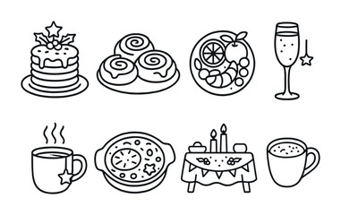 Holiday food and drink outline icons set – line, festive, celebration symbols