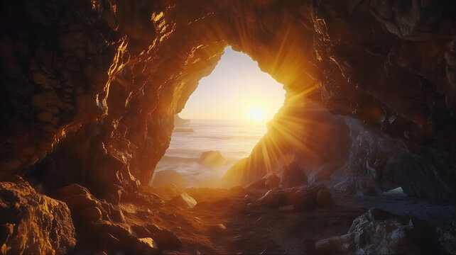 HE has risen, Jesus resurrections in the tomb. Sunlit cave opening, with the light shining on the water and a beach in the distance silhouette. 