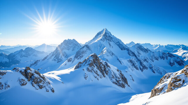 The image shows a majestic mountain range covered in snow - Powered by Adobe
