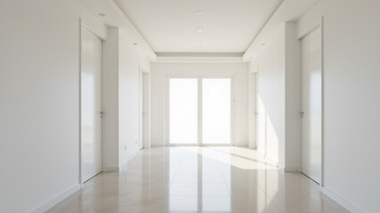The image shows an empty hallway with white walls and a large window. The hallway has a tiled floor