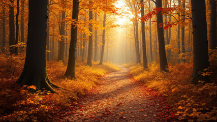 Fototapeta premium The image shows a path winding through an autumn forest with yellow leaves on the ground. The trees are adorned with vibrant shades of red