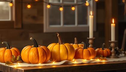 Thanksgiving - Pumpkins On Rustic Table With Candles And String Lights, digital art. with white shades