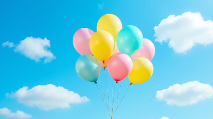 The image shows a bunch of colorful balloons floating in a bright blue sky