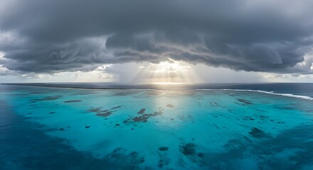 Obraz premium Sunburst Over Azure Reef: Dramatic Aerial View AI Generated