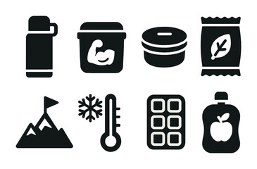Fitness and nutrition solid icons set – flat, filled, health and wellness symbols