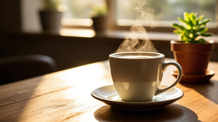 The image shows a cup of coffee sitting on top of a wooden table