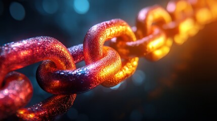 Close-up view of a vibrant, glowing chain link against a blurred, colorful background