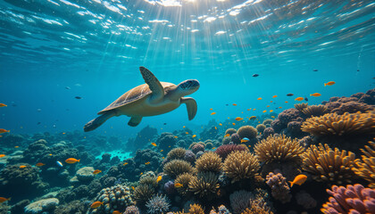 Fototapeta premium The image shows a green sea turtle swimming over a vibrant coral reef in the Red Sea. The turtle is surrounded by a variety of colorful fish and corals