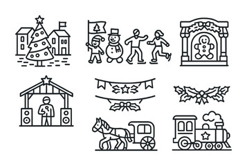 Christmas celebration outline icons set – holiday, festive, winter symbols