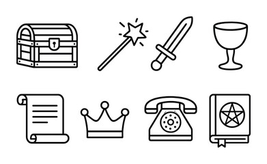 Fantasy and magic outline icons set – line, wizardry, mystical symbols collection
