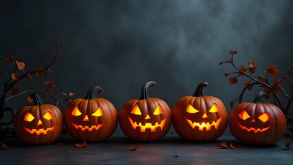 Spooky Halloween Jack O Lanterns Glowing in Dark