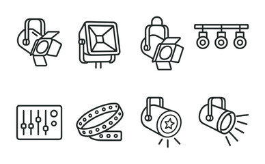 Stage lighting and equipment outline icons set – theater, concert, stage gear