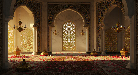 Fototapeta premium Majestic architecture adorned with rose petals: A serene space for Eid festivities