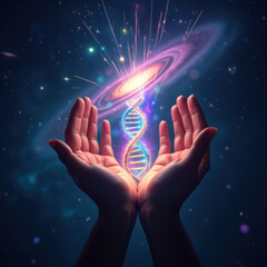 Cosmic Genetics: Hands Holding DNA Against Nebula
