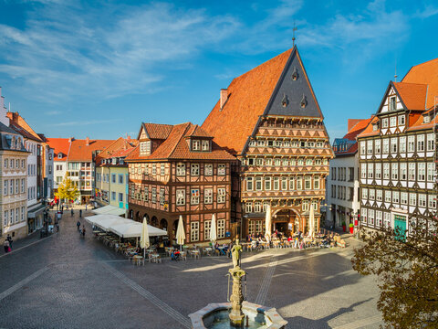 Historic market square in Hildesheim, Germany on a sunny day