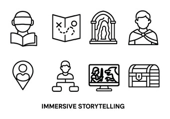 Interactive storytelling line icons set – flat, outline, narrative and role-playing symbols