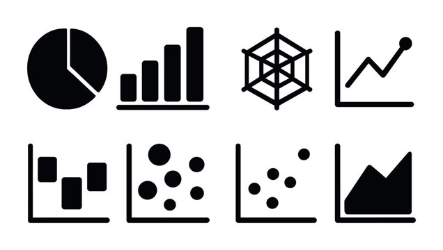 Data analysis icons set – solid, chart, statistical visualization symbols