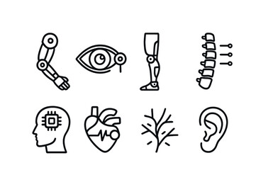Prosthetic and bionic outline icons set – line, silhouette, medical technology symbols