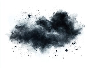 Abstract dark gray powder cloud explosion isolated on white background.  Dark gray powder bursts outwards in a cloud formation against a white backdrop.  