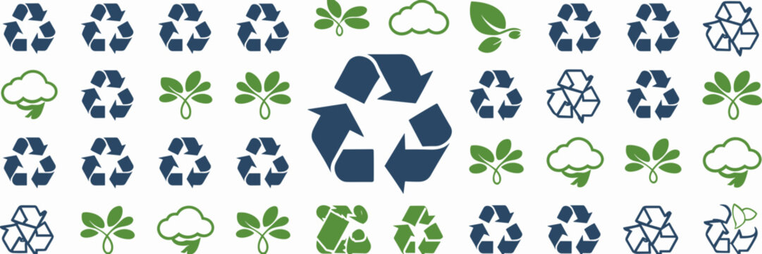 Recycling icon grid with paper, plastic, metal bins, cloud, and leaf – Perfect for nature conservation materials, green tech products, or environmental reports