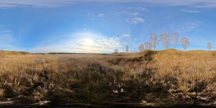 360-degree panorama capturing the serene beauty of an autumn meadow at sunset, with bare trees silhouetted against the colorful sky