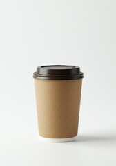 Paper Coffee Cup with Brown Lid on White Background