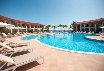 Fototapeta premium Inviting resort swimming pool, azure water, sun loungers, poolside, serene