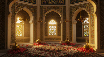 Fototapeta premium Eid Mubarak celebration inside a golden ornately decorated Islamic architecture