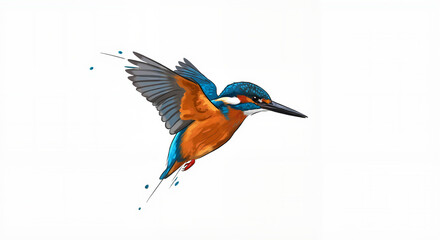Obraz premium Kingfisher hovering with vibrant feathers against a white background 