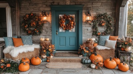 Autumn porch decorated with pumpkins and wreaths