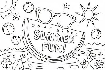 Summer Fun Watermelon Slice with Sunglasses and Beach Balls in Black and White