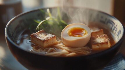 Steaming bowl of ramen with egg and tofu