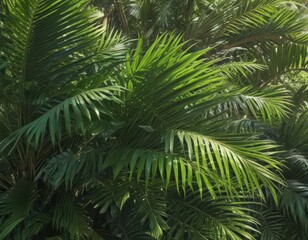 Vibrant green palm fronds, sunlight dappled, lush texture ,  garden,  palm