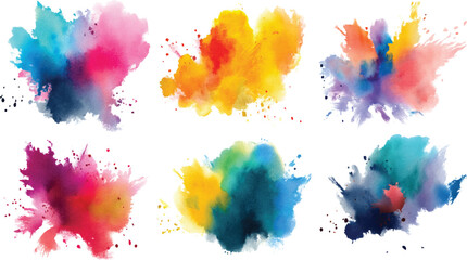 colorful vibrant rainbow Holi paint color powder explosion with bright colors isolated, Vector, set of abstract yellow multicolor rainbow color watercolor splashes isolated