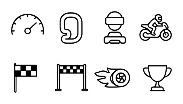 Motorsport racing outline icons set – linear, silhouette, vehicle speed symbols