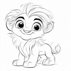 Fototapeta premium Cute Lion Cub Illustration Stands Smiling with Black Outline on White Background