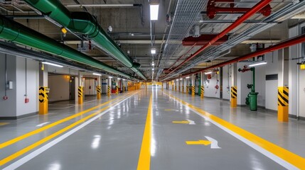 Obraz premium Underground parking garage, pipes, infrastructure, floor markings, maintenance