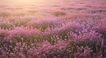 Obraz premium Dreamy Field Of Pink Flowers In A Tranquil Sunlight Scenery