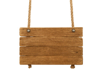 Wooden signboard hanging with rope, rustic brown wood texture, blank vintage board for text or message, natural outdoor decoration